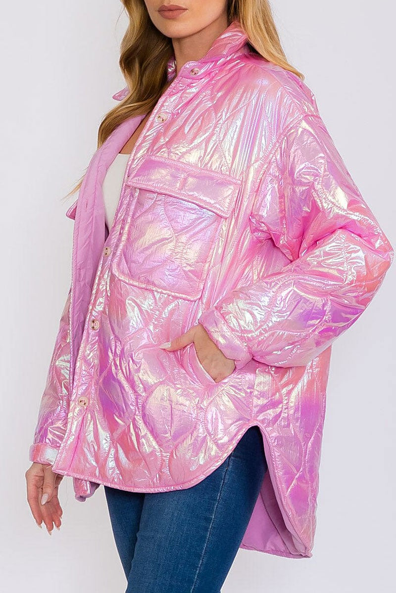 Button up pockets high-low shimmer puffer jacket (RVWT8357)