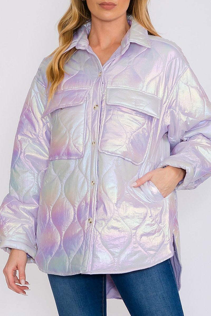 Button up pockets high-low shimmer puffer jacket (RVWT8357)