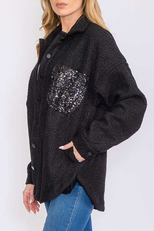 Button closure sequins pocket sherpa jacket (RVWT8358)