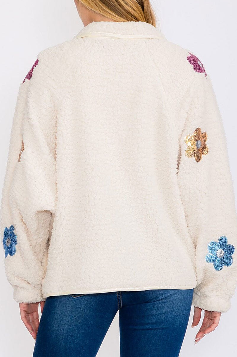 Button closure flowers detailed sherpa sweater (RVWT8362)