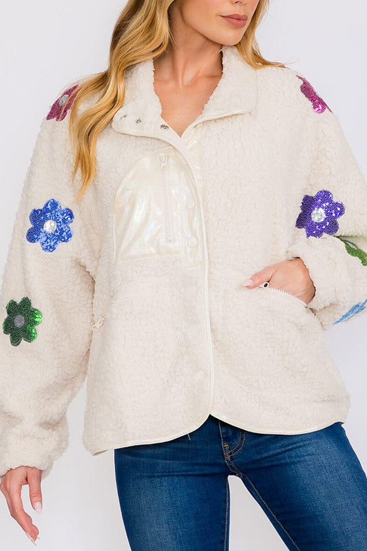 Button closure flowers detailed sherpa sweater (RVWT8362)