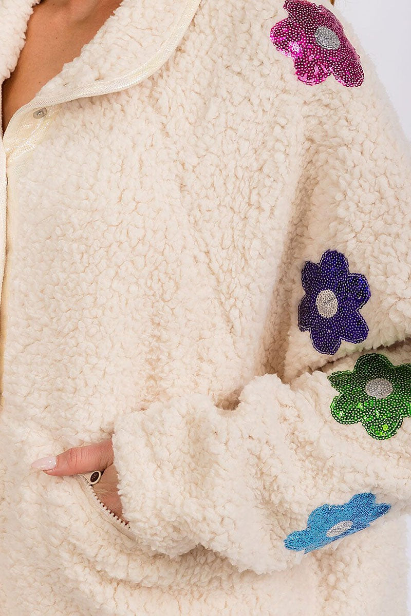 Button closure flowers detailed sherpa sweater (RVWT8362)