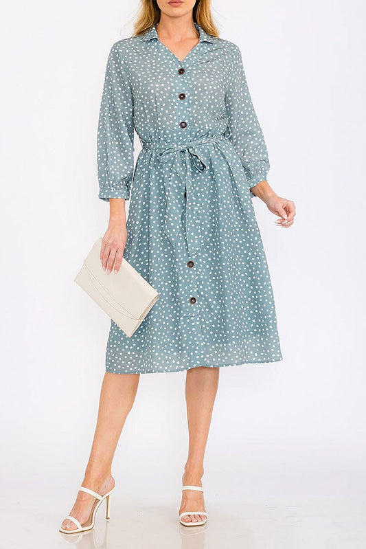 Button up self tie polka dots print midi dress (RVWT8366)