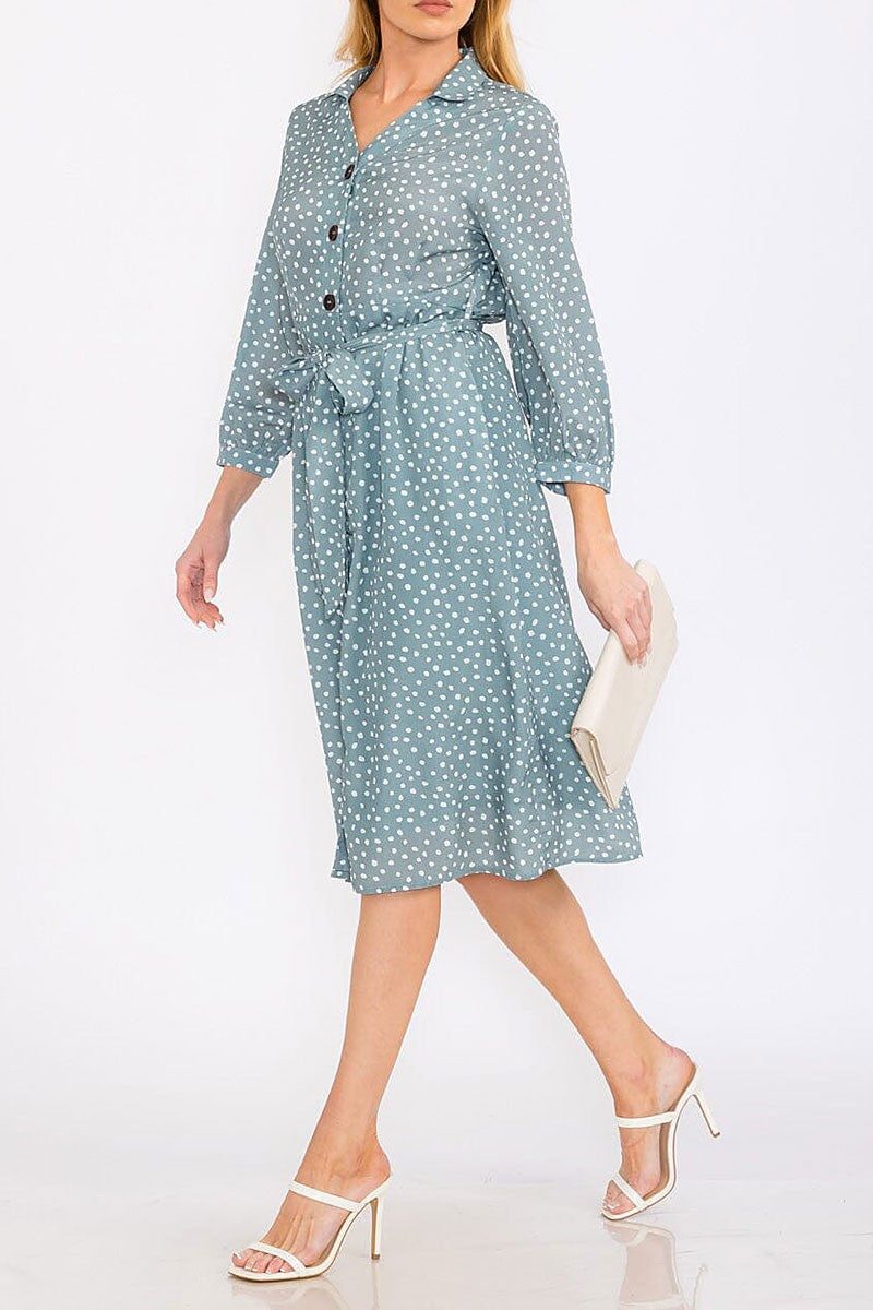 Button up self tie polka dots print midi dress (RVWT8366)