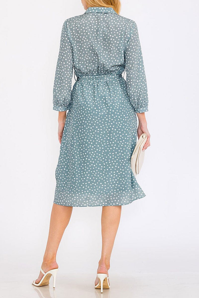 Button up self tie polka dots print midi dress (RVWT8366)