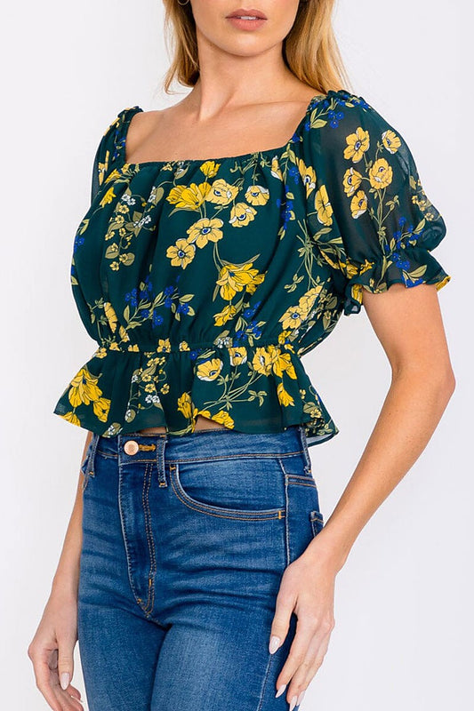 Short sleeve elastic waist floral print top (RVWT8368)