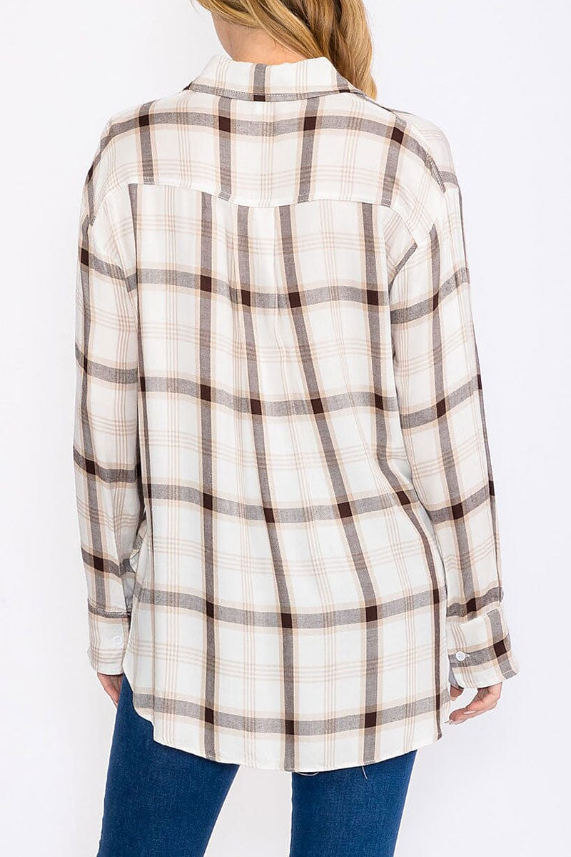 Button closure front pocket high-low plaid top (RVWT8371)