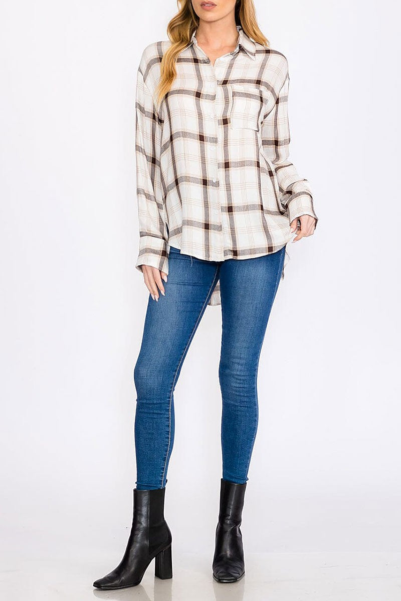 Button closure front pocket high-low plaid top (RVWT8371)