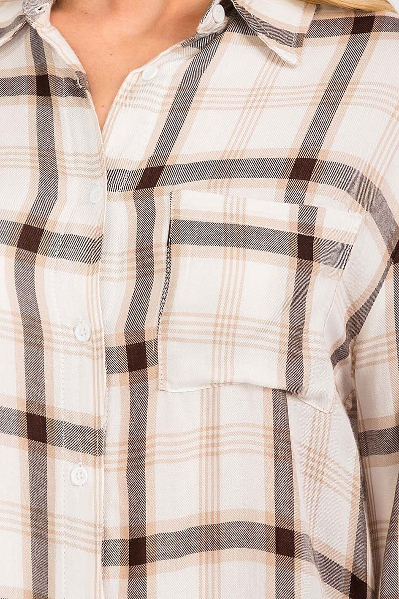 Button closure front pocket high-low plaid top (RVWT8371)