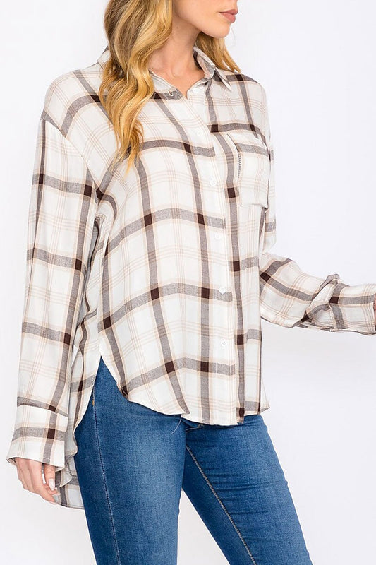 Button closure front pocket high-low plaid top (RVWT8371)