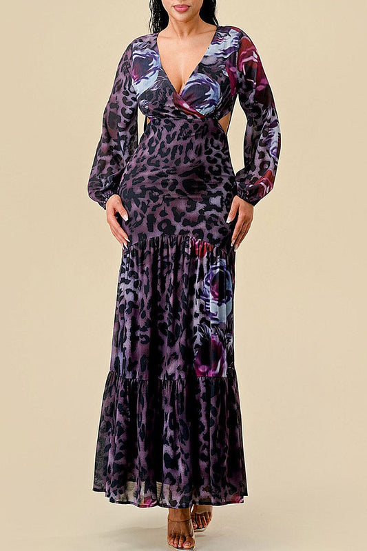 V-neck cut out animal print maxi dress (RVWT8392)