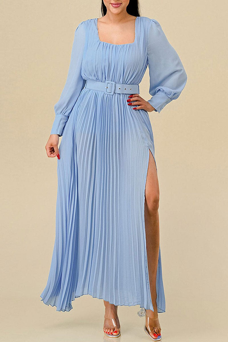 Square neck front slit pleated belt maxi dress (RVWT8393)