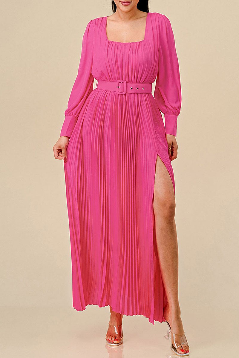 Square neck front slit pleated belt maxi dress (RVWT8393)