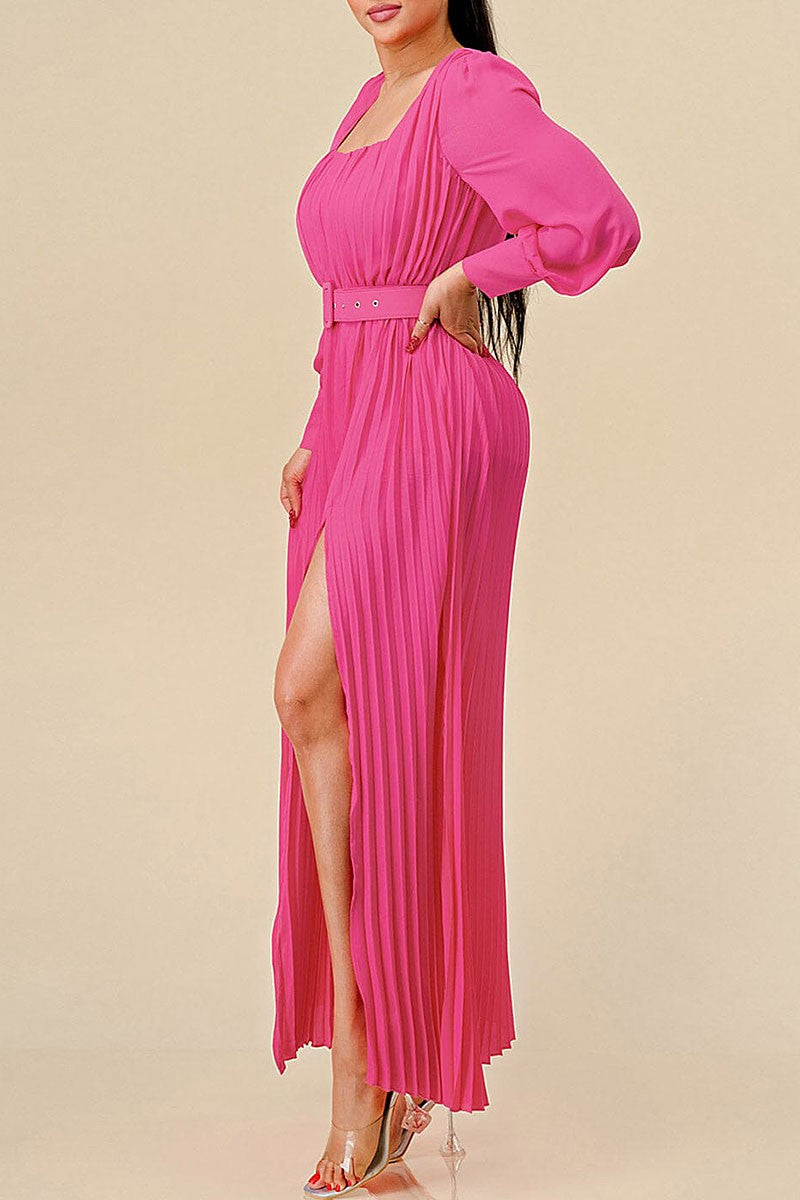 Square neck front slit pleated belt maxi dress (RVWT8393)