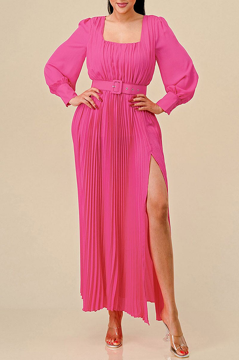 Square neck front slit pleated belt maxi dress (RVWT8393)