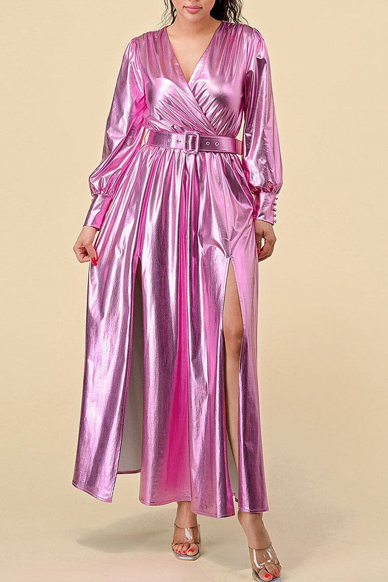 Surplice front slit belted metallic maxi dress (RVWT8394)