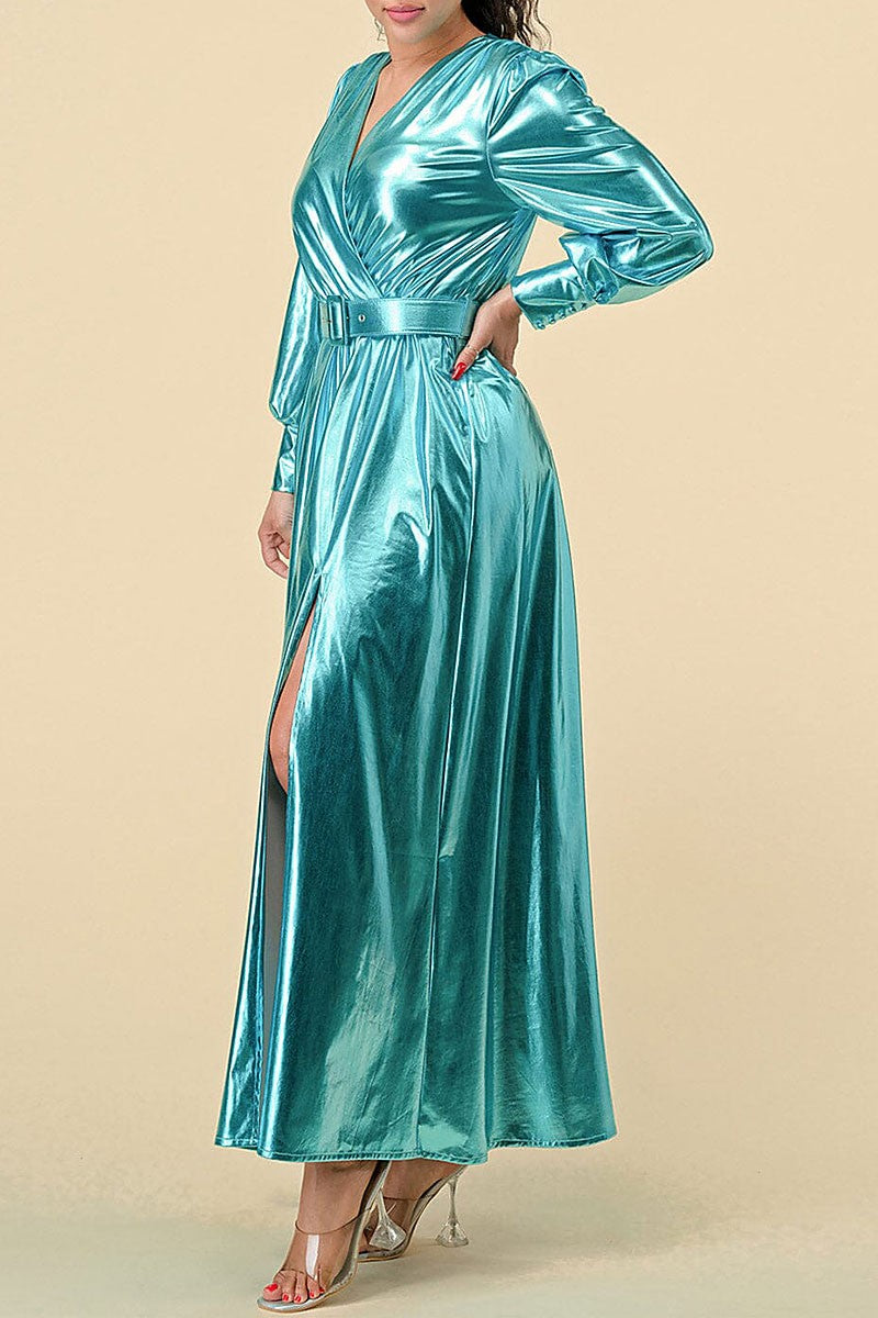 Surplice front slit belted metallic maxi dress (RVWT8394)