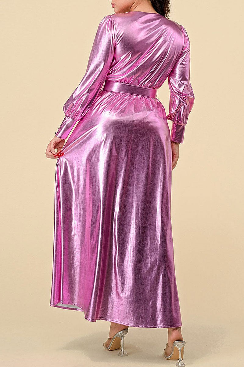 Surplice front slit belted metallic maxi dress (RVWT8394)