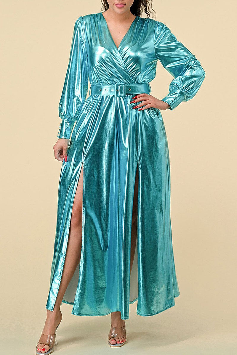 Surplice front slit belted metallic maxi dress (RVWT8394)