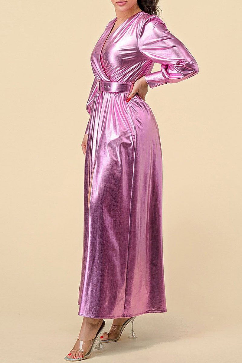 Surplice front slit belted metallic maxi dress (RVWT8394)