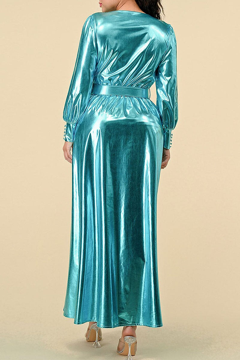 Surplice front slit belted metallic maxi dress (RVWT8394)