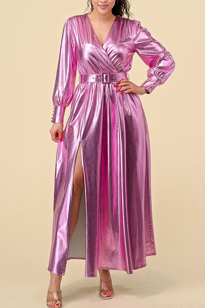 Surplice front slit belted metallic maxi dress (RVWT8394)