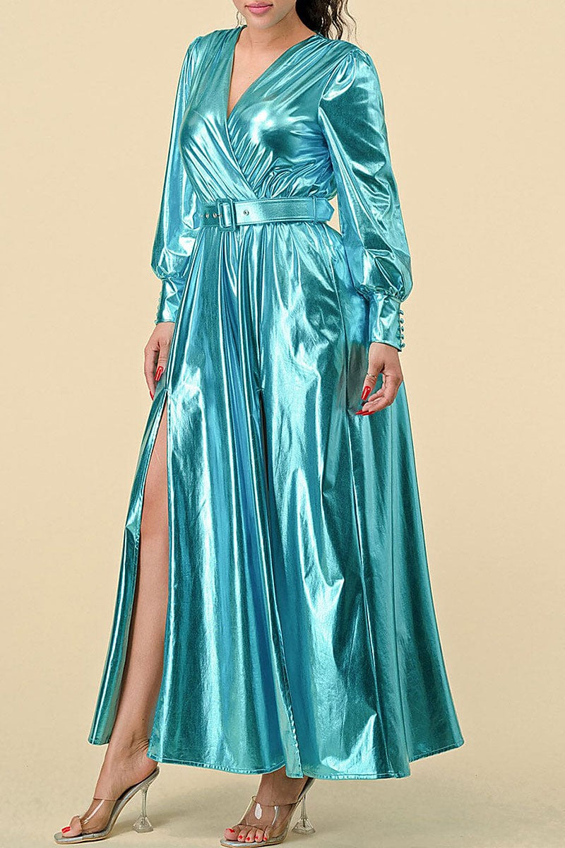 Surplice front slit belted metallic maxi dress (RVWT8394)