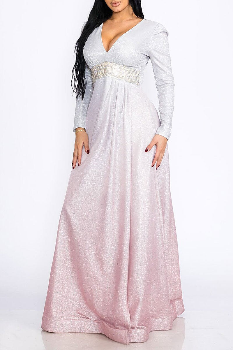 Waist detailed colorblock sequins maxi dress (RVWT8401)