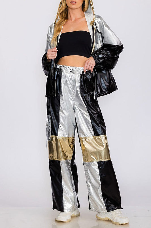 Jacket & wide leg pants metallic colorblock set (RVWT8409)