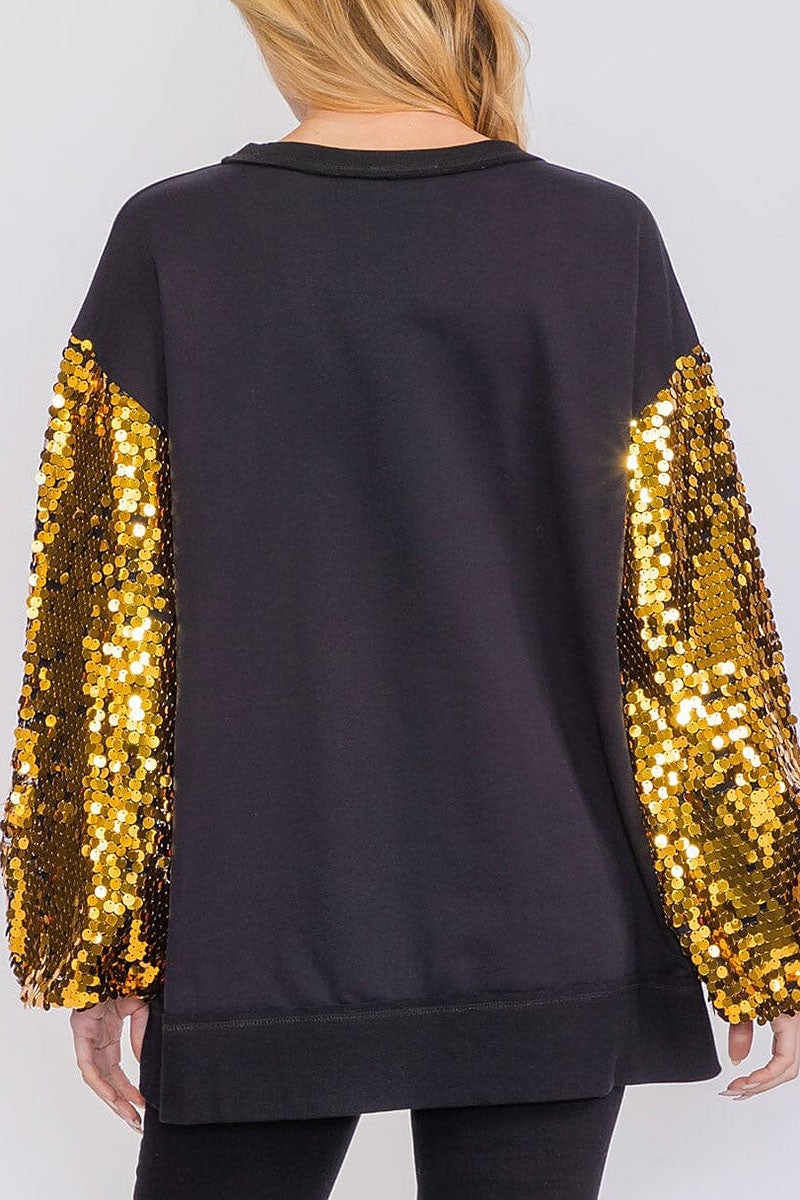 Long sequins sleeves pullover high-low sweater (RVWT8414)