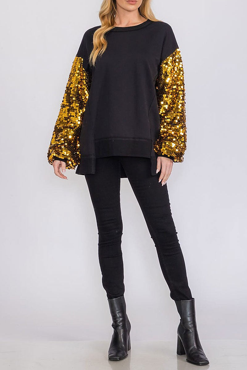 Long sequins sleeves pullover high-low sweater (RVWT8414)