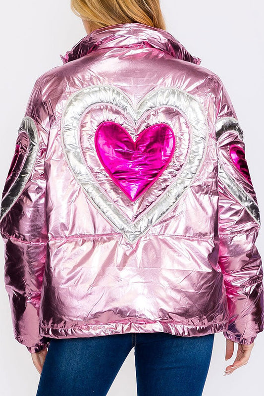 Long sleeves zip up heart print metallic jacket (RVWT8421)