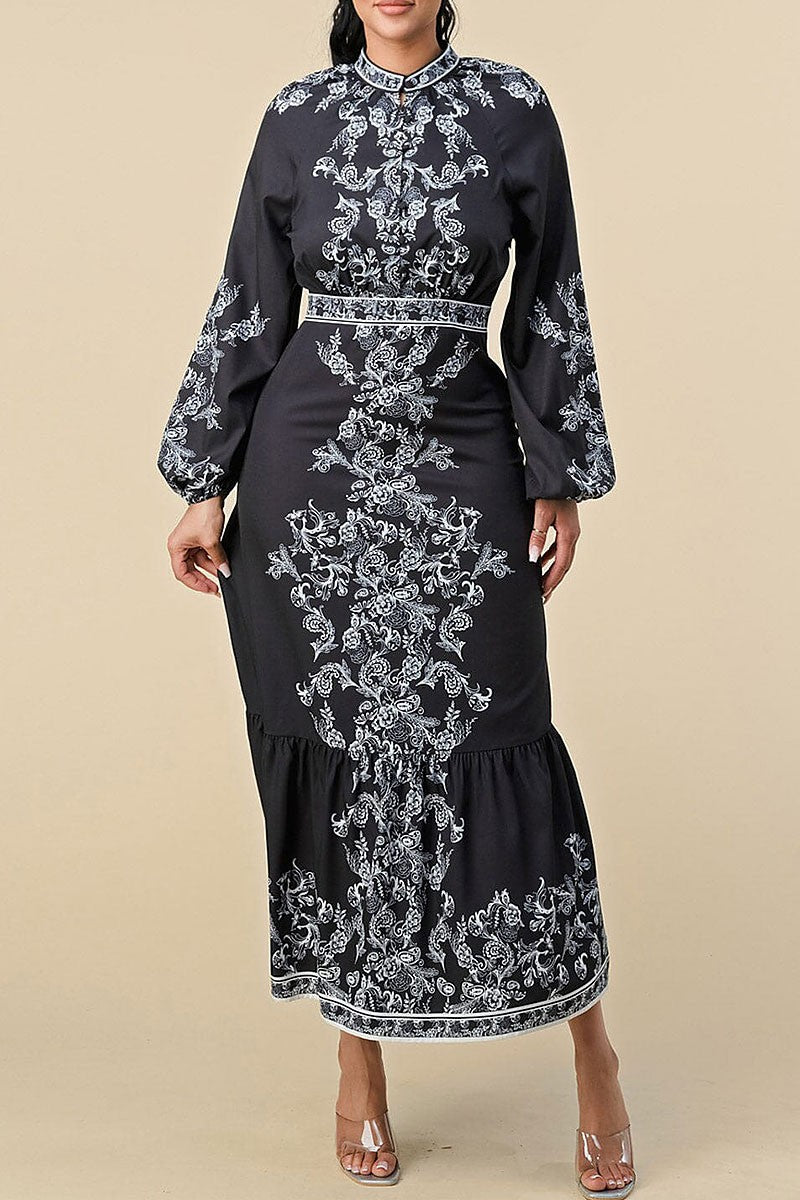 Long balloon sleeves floral print maxi dress (RVWT8426)