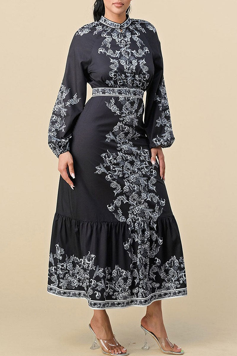 Long balloon sleeves floral print maxi dress (RVWT8426)