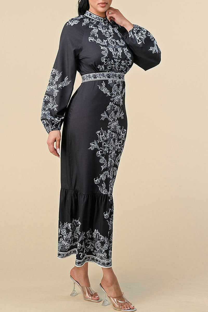 Long balloon sleeves floral print maxi dress (RVWT8426)