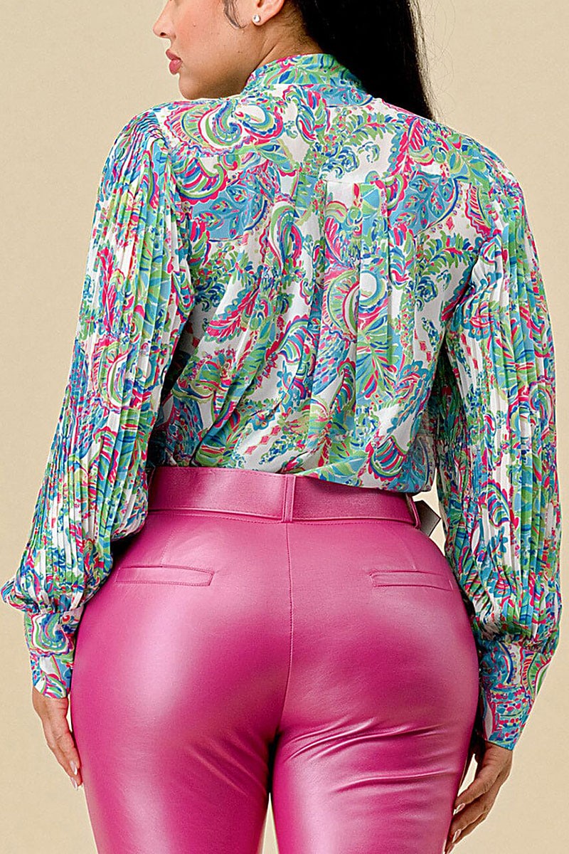 Pleated sleeves button up paisley print blouse (RVWT8427)