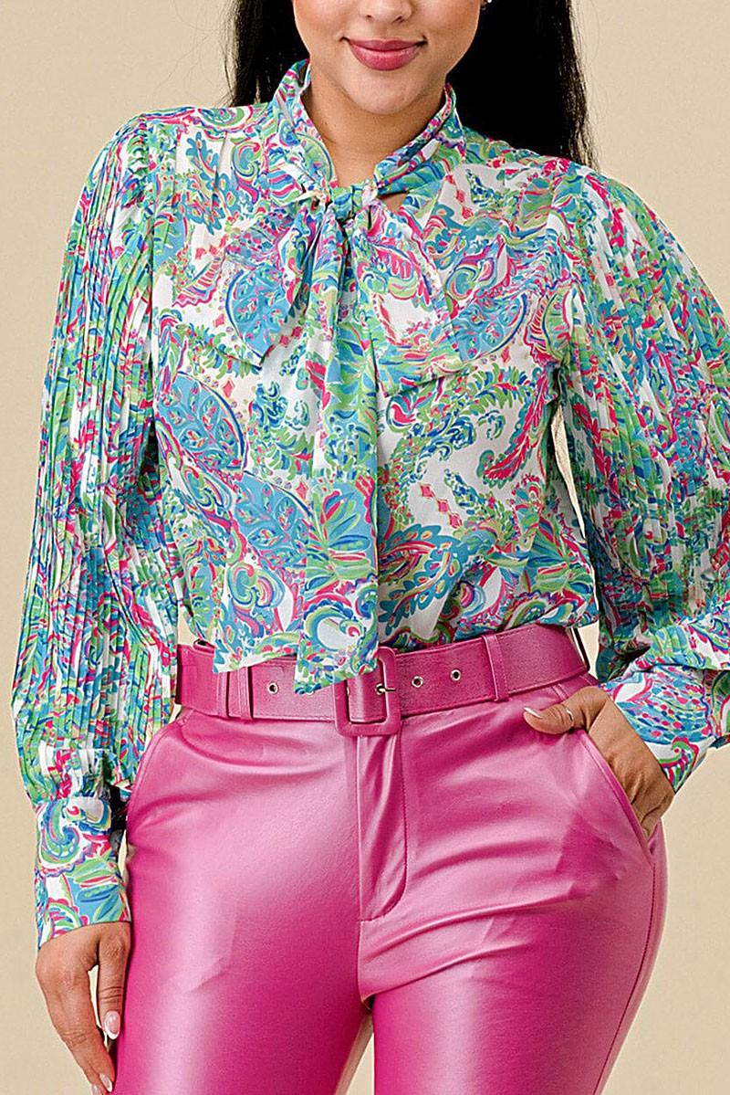 Pleated sleeves button up paisley print blouse (RVWT8427)