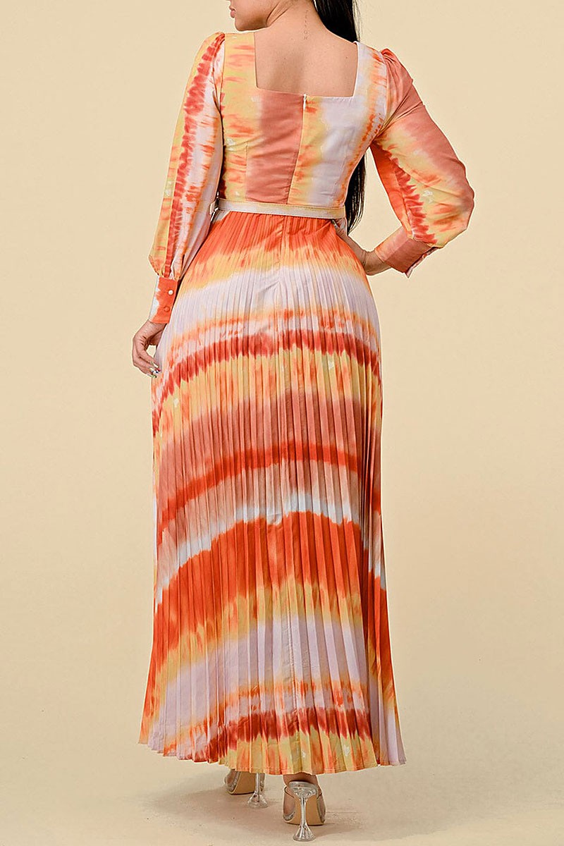 Square neck pleated multi print belt maxi dress (RVWT8431)