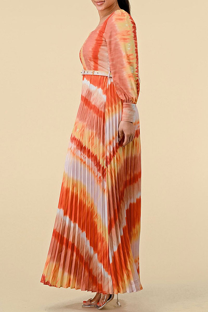 Square neck pleated multi print belt maxi dress (RVWT8431)