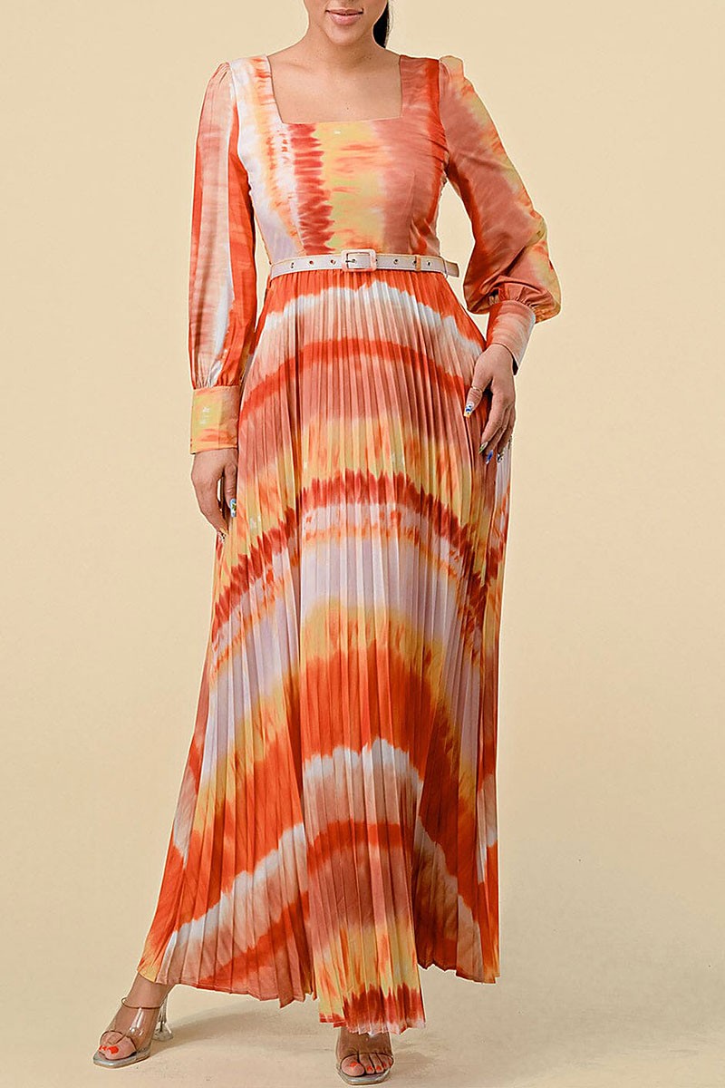 Square neck pleated multi print belt maxi dress (RVWT8431)