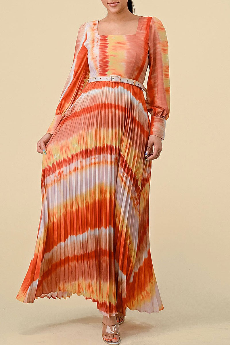 Square neck pleated multi print belt maxi dress (RVWT8431)