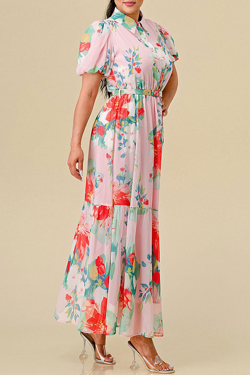 Button up belted floral print maxi dress (RVWT8432)