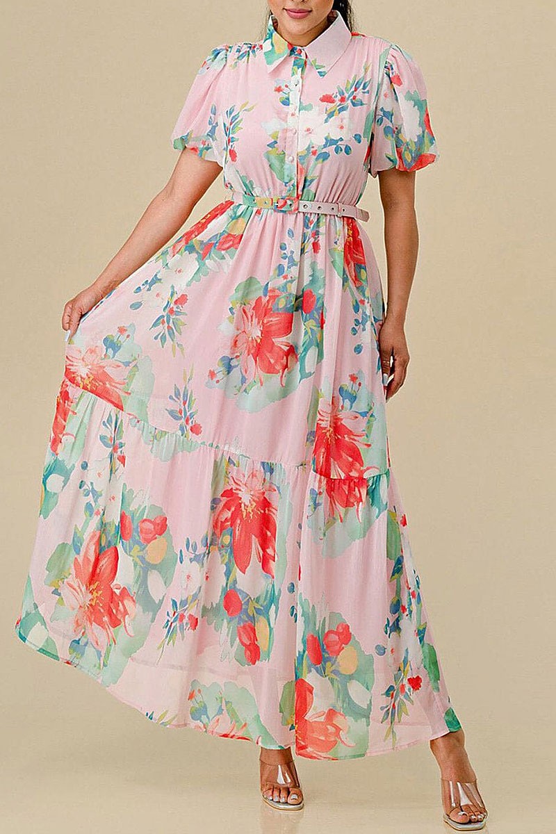 Button up belted floral print maxi dress (RVWT8432)