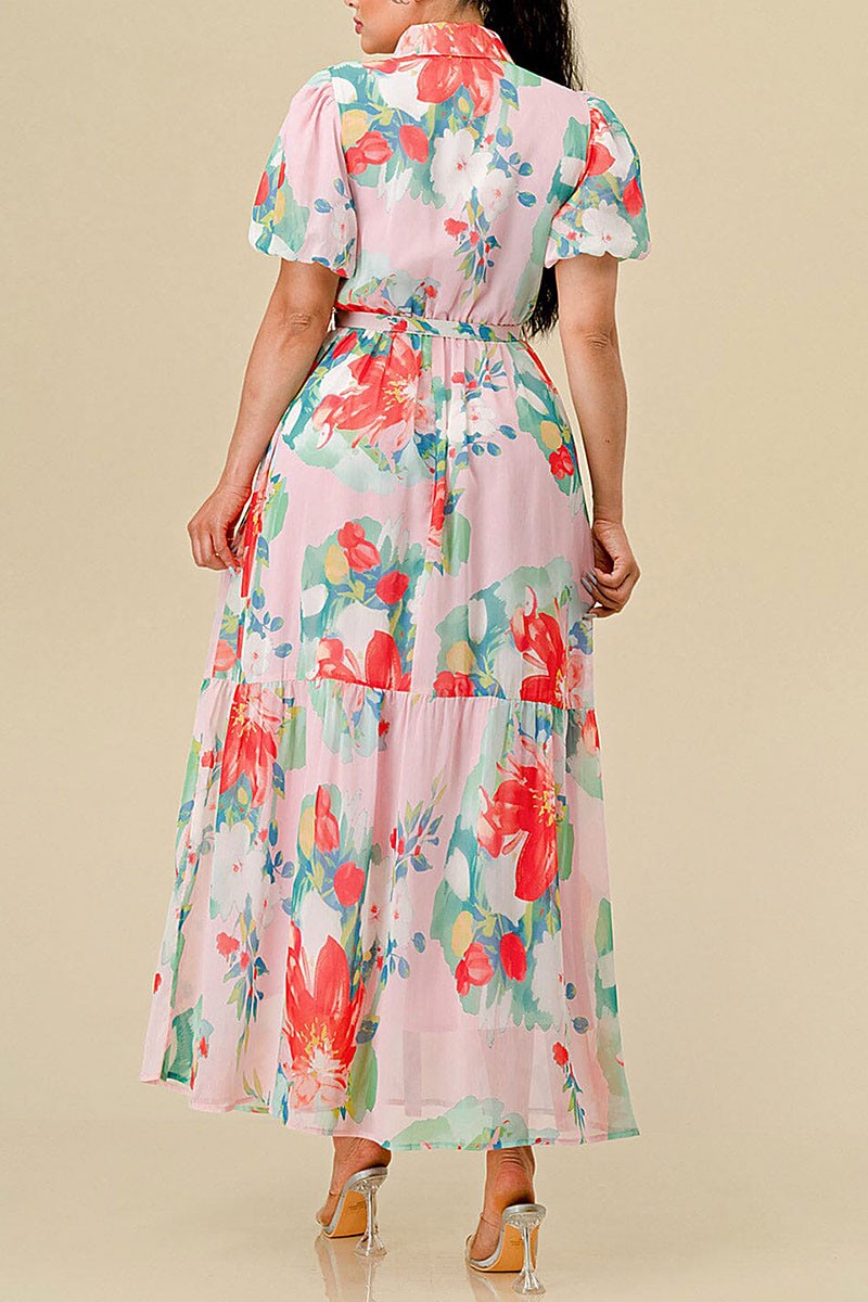 Button up belted floral print maxi dress (RVWT8432)