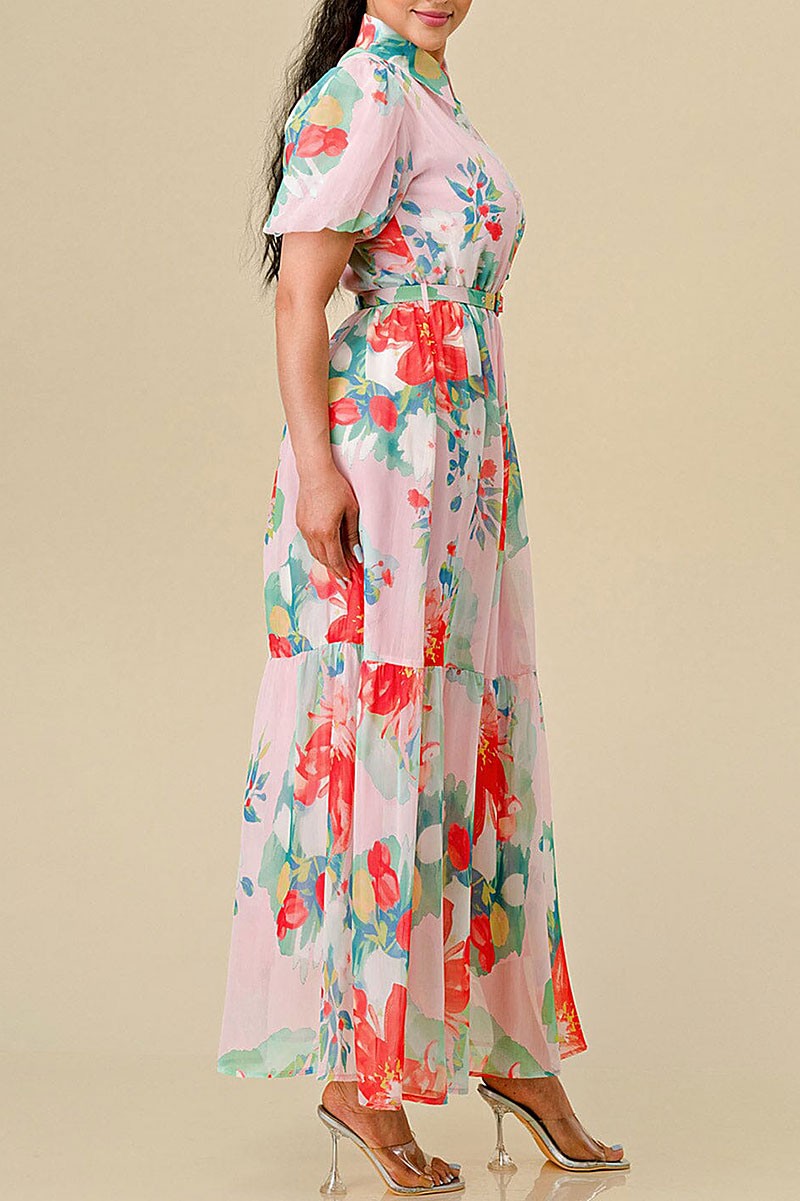 Button up belted floral print maxi dress (RVWT8432)