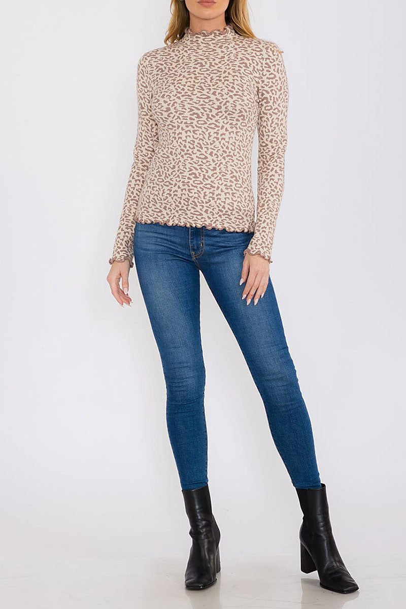 Long sleeves mock neck animal print top (RVWT8463)