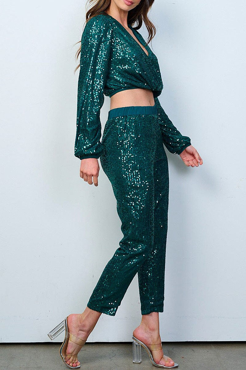 Crop top &amp; skinny leg pants sequins 2pc. set (RVWT8467)