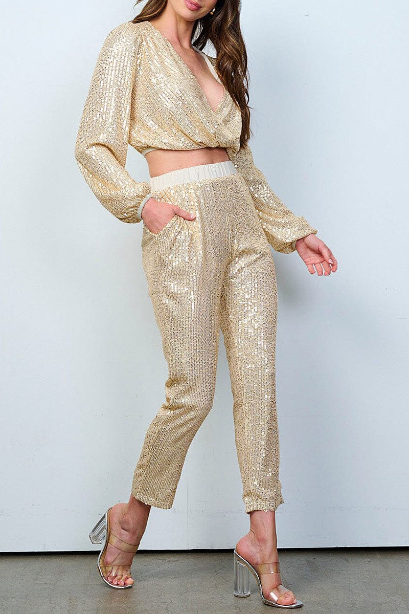 Crop top &amp; skinny leg pants sequins 2pc. set (RVWT8467)