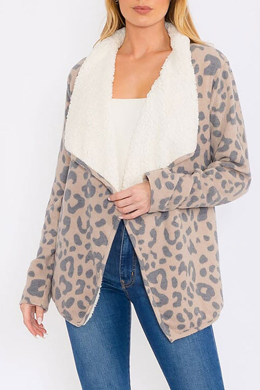 Open front pockets animal print sherpa cardigan (RVWT8496)