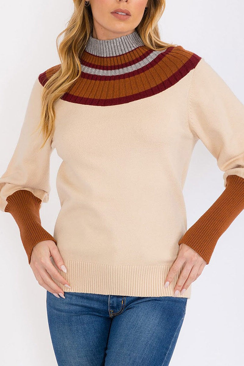 Mock neck pullover colorblock sweater (RVWT8503)